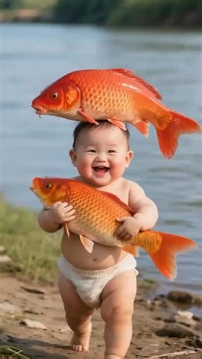 Bayi gendut ini tertawa karena senang membawa ikan ditangan dan diatas kepalanya 🤣🥰😍✅ #cutebaby #baby #lucu #funny #babyai #reelschallenge #fish #viral #trending | Rahmah