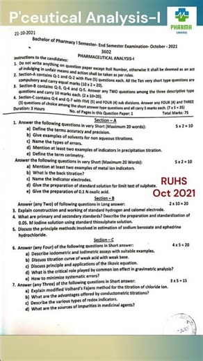 Pharmaceutical Analysis-1 Question Paper #bpharma1semester #oct2021 #exam #pharmaceuticalanalysis