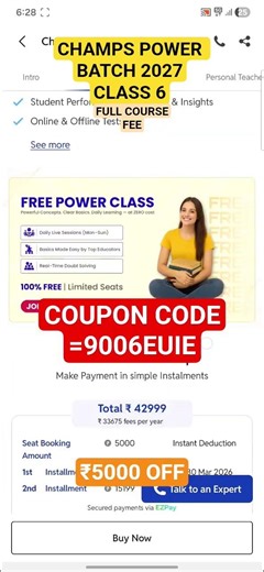 PW CHAMPS POWER BATCH 2027 CLASS 6TH FULL COURSE FEE ₹1000 OFF CPUPON CODE=9006EUIE, 7070CKQE. #pw