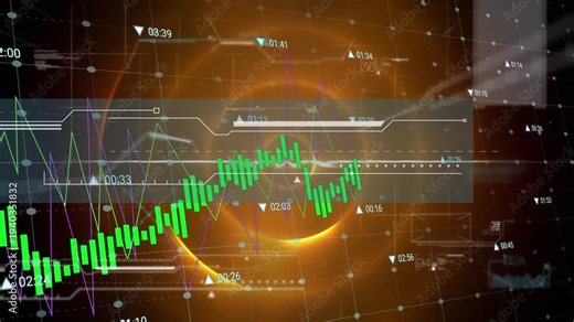 Animation of abstract pattern and multiple graphs with number and lens flare over circular pattern