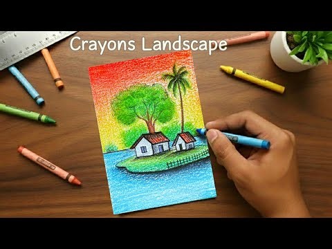 Relaxing Lake View Scenery | Wax Crayon Landscape Art | Blending free Drawing