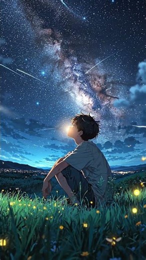 Anime Milky Way Night 🌌 Boy Watching the Galaxy | Peaceful Makoto Shinkai Inspired Sky