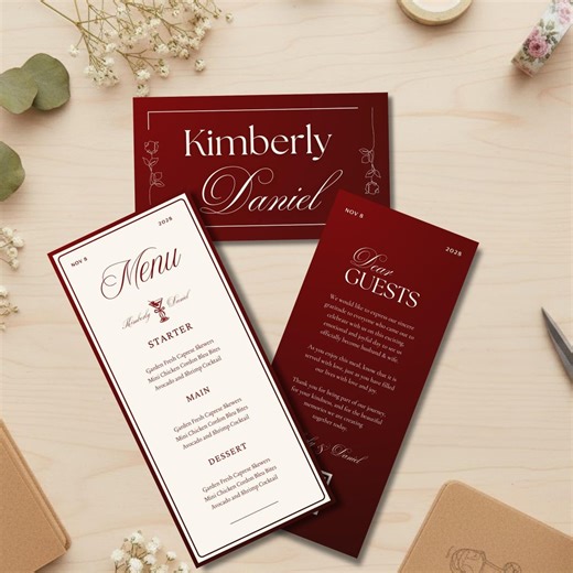 Old Money Wedding Menu Template, Elegant Red Dinner Menu and Place Card Set, Luxury Reception Menu Printable, Instant Download - Etsy Canada