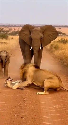 Lion vs Hyena: Elephant Joins the Fight! 🐘🦁 #Wildlife #Nature #AnimalBehavior