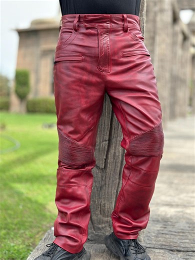 Mens Burgundy Distressed Leather Biker Pants: Slim Fit Lambskin Motorcycle Pants - Etsy