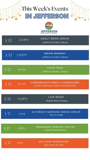 ✨ There’s something for everyone in Jefferson this week! ✨ Mark your calendars and make plans to get out and enjoy what our community has to offer: 📚 Monday, Jan 12 • Adult Book Group | Jefferson Public Library | 2:30–3:30 PM • Movie Monday – The Princess Bride | Jefferson Public Library | 5:30–7:30 PM 🧘 Tuesday, Jan 13 • Chair Yoga | Jefferson Public Library | 10:00–11:00 AM • Strohbusch Family Fundraiser | Culver’s (Johnson Creek & Watertown) | 10:00 AM–10:00 PM ➡️ 25% of all sales donated �