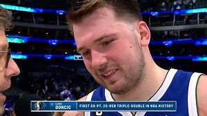 Luka was just being honest after becoming the first EVER to drop 60 PTS, 21 REB, and 10 AST 🤣 Watch his postgame interview after his historic performance last night 👏 | NBA