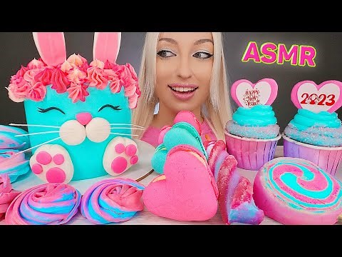 ASMR EATING PINK & BLUE FOOD, ICE CREAM, CAKE MACAROONS 케이크 먹방 (EDIBLE NEW YEAR SWEETS) MUKBANG먹방 4K