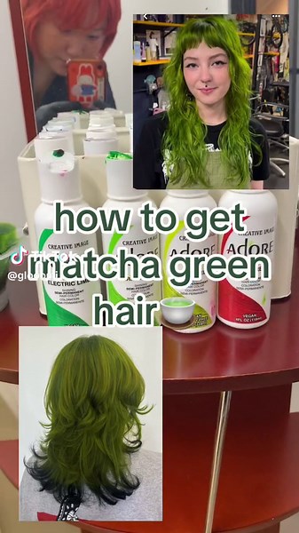 insta: gloom_saloon dye mix i used to get matcha green hair! i am so obsessed with this color 🍵 🫖 ☕️ #hairstylist #hairtutorial #hairsalon #haireducation #matcha #greenhair #hairinspo #haircolorist #hairvideo #haircolour #hairdye #hairtok #snotgirl