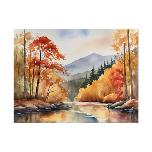 Fall River Watercolor Art Print, Autumn Forest Landscape Painting, Rustic Fall Trees Wall Art, Cozy Mountain River Decor - Etsy
