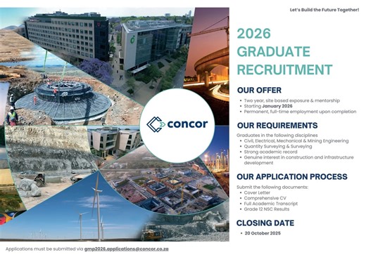 Concor 2026 Graduate Recruitment Closing date: 20 October 2025 Opportunities With Thabang WhatsApp Channel: https://whatsapp.com/channel/0029Vadi8px42DcfdTWUPa30 Good Luck! #OpportunitiesWithThabang | Mabulana-Maseko Foundation