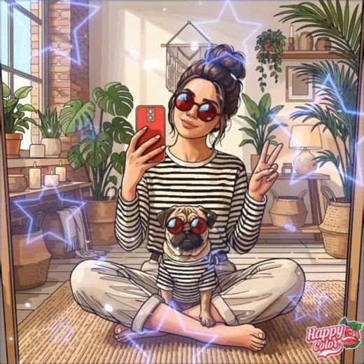 Colour with me a woman with a dog in Happy Color App.