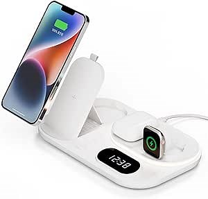 mooas 4 in 1 Fast Wireless Charger Nightlight Clock, 4 in 1 Wireless Charging Station with LED Clock, Compatible with iPhone 15 14, Galaxy S24 S23 and Newer, Airpods, Galaxy Buds, Apple Watch