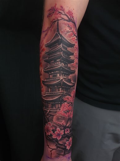 cherry blossom and pagoda #tattoo #tattootiktok #tattoos #fyp #tattooartist @YAYO Familia @World Famous Tattoo Ink @kwadron @Tattoo Everything Supplies @Xtremetattooink