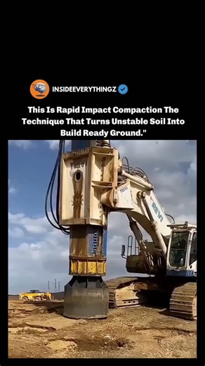 Explore l Learn l Facts on Instagram: "Rapid Impact Compaction (RIC) is a fast method used to turn weak or loose soil into strong, stable ground for construction. A large hydraulic hammer repeatedly drops a heavy weight onto the soil, and each impact compresses the ground, removing air gaps and increasing density. As the machine moves across the site, the soil becomes firmer and level, making it safe for buildings, roads, and other heavy structures. It’s an efficient way to prepare land quickly 