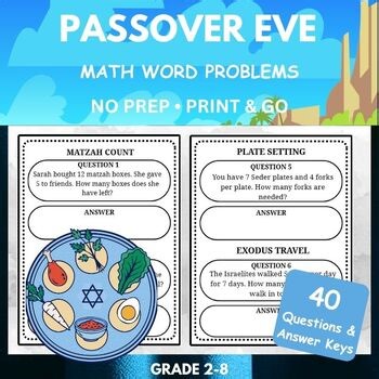 Passover Math Word Problems (40 Questions) Grades 2–8 with Answer Key