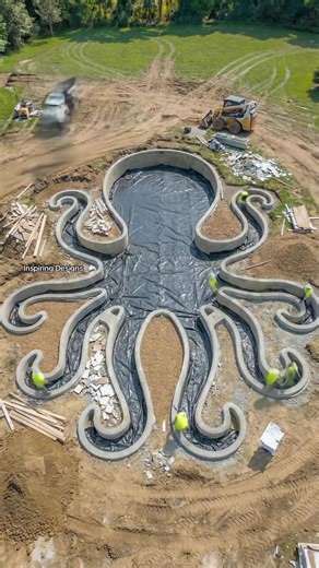 Absolutely stunning backyard octopus pond! 🙌 We really looked at the backyard and said “let’s build an octopus.” Body is the deep koi pool, the tentacles are winding canals, and we added little bridges so you can walk right over the “arms.” It’s equal parts landscape feature, art piece, and live aquarium, with fish cruising through the curves like they’re on a lazy river. The wild part is how it changes the whole yard. From above it’s a full on sculpture, from the ground it’s just water everywh
