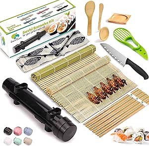 Sushi Making Kit, 22pcs Roller Maker for Beginners With Guide Book, Bazooka, Knife, Mat, Avocado Slicer, Chopsticks, Sauce Dishes & More - Sushi Lover's Gift