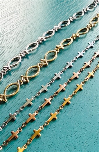 Christian Fish Ichthus and Cross Gold Silver Rose Gold Stainless Steel Chain - Permanent Jewelry Making Wholesale Bulk - Etsy