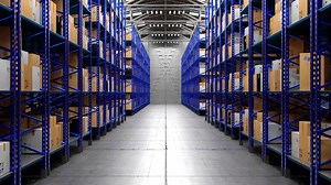 Packages on Shelves in Warehouse - Logistics, Shipping, Storage Concept.