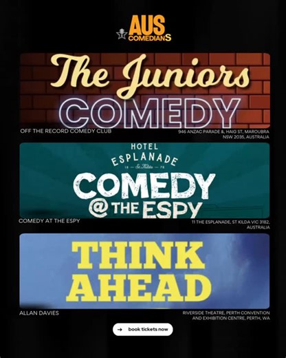 AUS Comedians – This Week’s Laugh Lineup! From Sydney to Melbourne to Perth, the stage is heating up with big shows and big laughs! 🎟️🔥 📍 Nov 29 – Sydney Off The Record Comedy Club – The Juniors Comedy 📍 Nov 26 – Melbourne Comedy at The Espy 📍 Nov 25 – Perth Allan Davies – Think Ahead (Perth Convention and Exhibition Centre) Grab your tickets and get ready to laugh your way through the week! #AUSComedians #ThisWeekInComedy #StandUpComedy #SydneyComedy #MelbourneComedy #PerthComedy #TheJunio