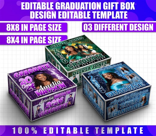 3x Graduation Gift Box Template | Editable 2026 Grad Favor Box, Printable Senior Graduation Treat Box, Class of 2026 Gift Box Canva Editable - Etsy