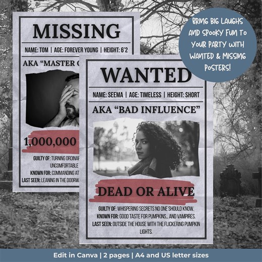 Wanted & Missing Person Poster Set: Halloween, Detective, Western Party Decor (canva Editable, Digital Download) - Etsy