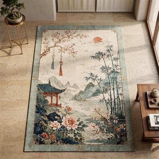 Chinese Landscape Area Rug, Oriental Floral Bamboo Carpet, Japanese Style Living Room Decor - Etsy