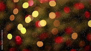 Video composition with falling snow over blurry video of Christmas tree lights