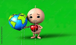 Cartoon character holds a heart shaped Earth, crying, environmental concern
