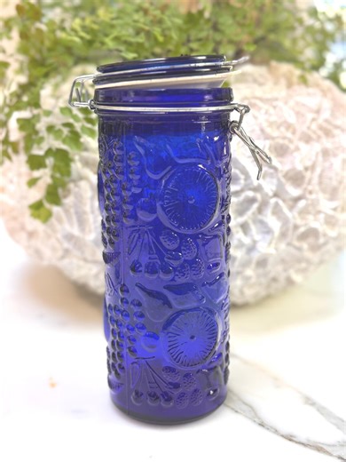 Cobalt Blue Glass Canister Jar With Hinged Lid Fruit Pattern 10 Inch Storage Container - Etsy