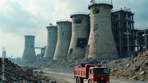 Industrial demolition site with partially destroyed cooling towers. Heavy dump trucks driving past crumbling concrete structures at a power plant. Destruction and heavy machinery concept
