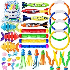 YUJUN 35PCS Pool Diving Swimming Toys, Summer Underwater Game Toys with Pool Fishes Dive Sticks Rings Gems Storage Bag for Kids Swim Birthday Party Favors