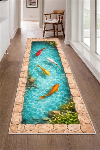 Koi Pond Runner Rug: Turquoise Water Fish Stone Border Carpet, Zen Nature Illusion Design - Etsy