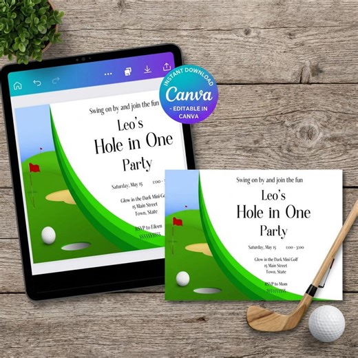 Golf Birthday Invitation Editable Canva Template | Hole in One Party Invite | Mini Golf Celebration | Printable Golf Theme Digital Download - Etsy