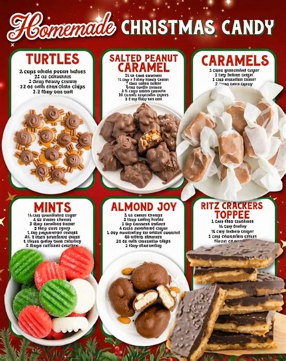 Homemade Christmas Candy that brings all the nostalgia and holiday magic! 🎄🍬 From creamy classics to crunchy favorites, these sweet treats are perfect for gifting, sharing, or filling those festive dessert trays. One bite and it tastes just like Christmas! ✨ Ingredients 🤎 Turtles 3 cups pecans halves 11 ounces caramels, 38 individually wrapped 2 tablespoons heavy cream 12 ounces milk chocolate chips (you could also use 12-ounce bag of dark chocolate chips) 1 to 2 tablespoons sea salt, optiona