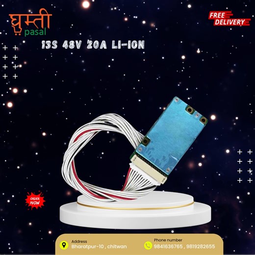 Ghumti Pasal Online Shopping on Instagram: "🔋 13S 48V 20A Li-ion Lithium BMS – Reliable Power Protection! A high-quality 13S 20A BMS is now available for your 48V Li-ion battery setup. Ideal for e-bikes, inverters, solar backup systems, and DIY battery packs. Specifications: 🔌 Battery Type: Li-ion ⚡ Configuration: 13S (48V) 🔁 Continuous Current: 20A 🛡️ Protection Features: Over-charge, Over-discharge, Over-current, Short-circuit 🌡️ Cell Balancing: Yes 📦 Design: Compact and durable Availabl