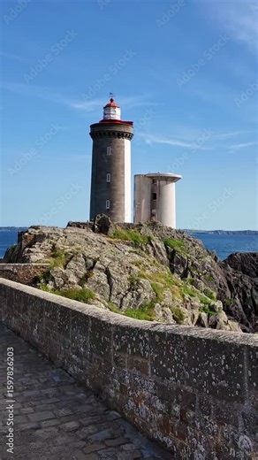 Vertical view of Phare du Petit Minou aka Petit Minou Lighthouse in daytime, Plouzané, Finistère, Brittany, France.