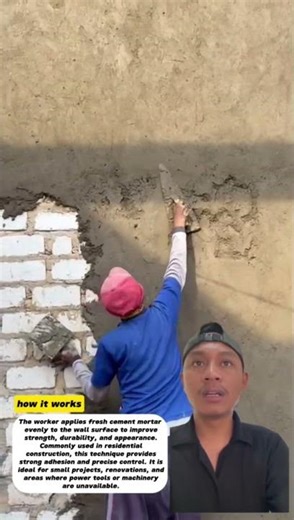manual brick wall plastering using tradisional hand tools