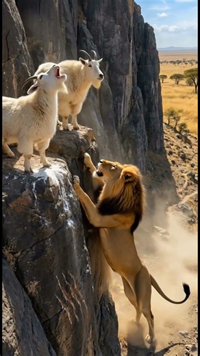 A Lion Chased Two Goats Straight Into a Cliff Wall and What Happened Next Left It Speechless