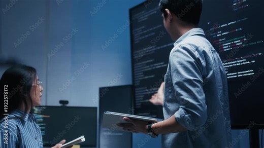 Asian Male developer leading a team meeting, pointing to code on a big monitor while reviewing an AI chatbot module. Concept of collaboration, debugging for coding teamwork in a tech company office.