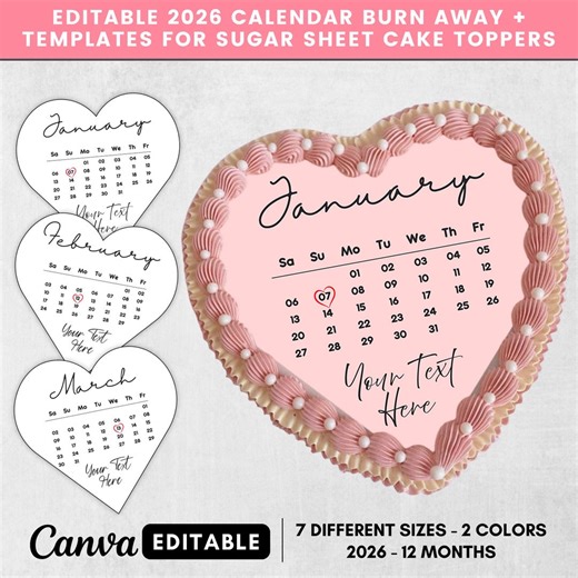 2026 Custom Calendar Heart Cake Toppers, Burn Away Cake Topper Calendar Template,printable Birthday Cake Topper, Canva Template - Etsy