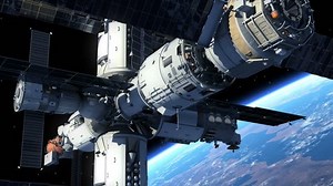 Spacecraft Docking To Space Station. 3D Animation.