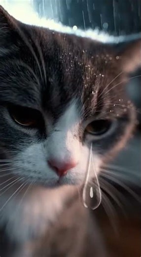 A dramatic soap opera scene where a crying cat discovers its bowl is empty