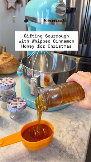 Kristy Hawk on Instagram: "Gifting Sourdough Bread with Whipped Cinnamon Honey! 🍯 I wanted to gift a few people some sourdough for Christmas and I decided to make some whipped honey to go with the loaves. Whipped honey is my favorite thing to put on sourdough! I got the idea to make the whipped honey at home from @healthylittlepeach and she even has some free labels you can print out and put on the jar. I made my own labels to go on the bag of bread. I hope the recipients love it! 🥰 To make th