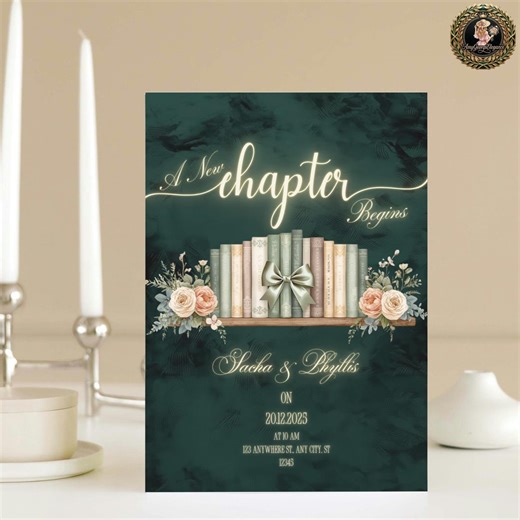 Emerald Velvet Wedding Invitation Suite, Olive Books, Satin Bow, Literary Theme (canva Template) - Etsy