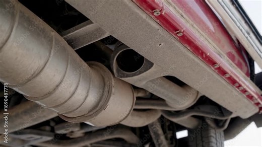 Car exhaust system inspection automotive repair shop series industrial environment underneath view mechanical insight