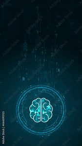 Motion graphic of Blue digital robot brain logo and circle futuristic HUD elements with flowing arrows with machine learning technology and ai assistance concepts on abstract background vertical video
