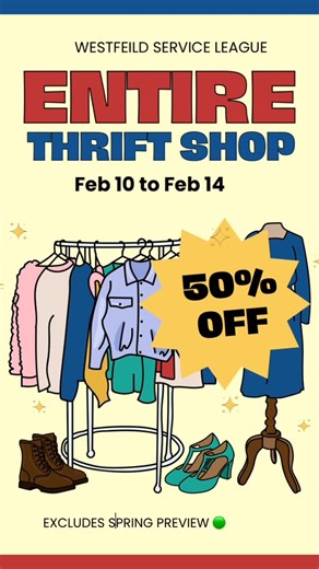 Westfield Service League on Instagram: "It may be cold outside but the Thrift Shop Sale is HOT🔥 Don’t miss out on 50% OFF THE ENTIRE SHOP! (excl spring preview) #hot #sale #thrift #clearance #nonprofit"