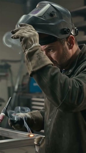 welder constructs a modern steel chair frame